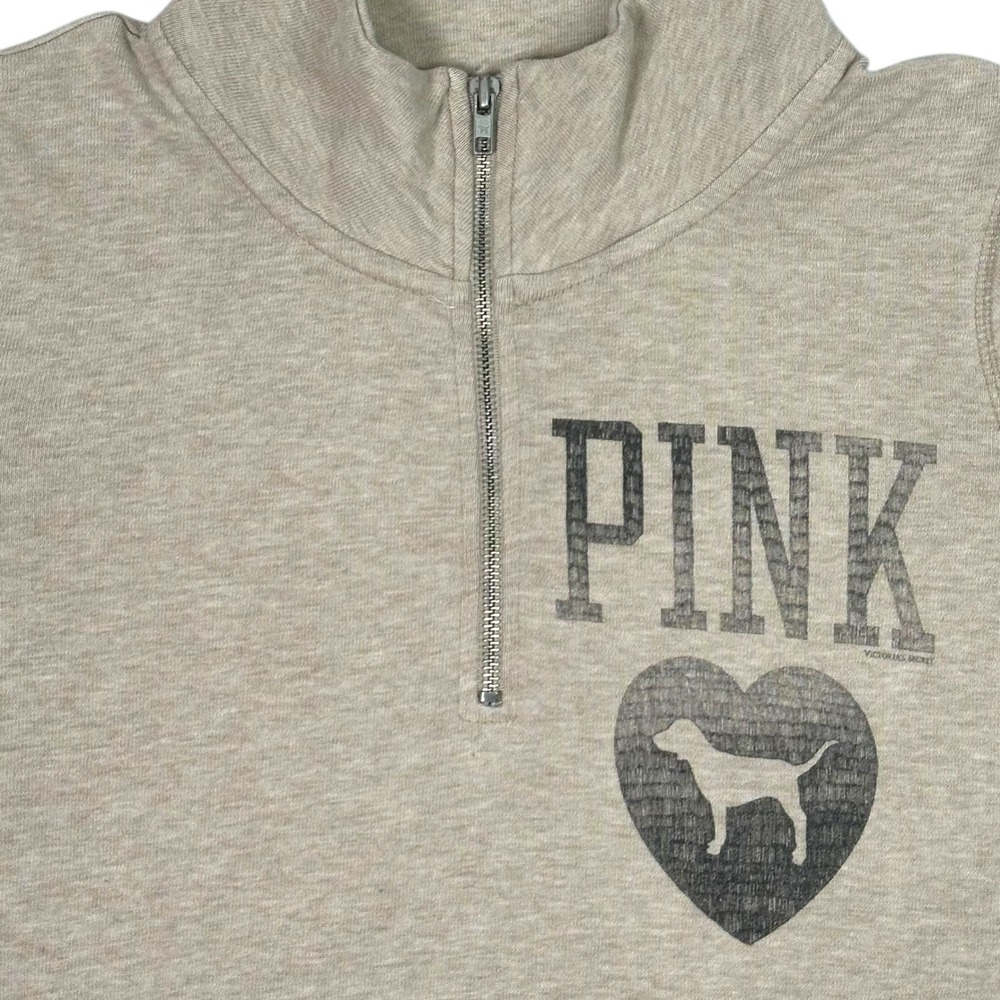 Victoria's Secret PINK Quarter Zip Pullover Oatmeal Heather Heart Dog Logo Large - Picture 2 of 7